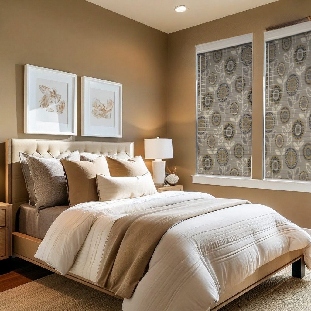 Insert-a-Blind installed in a bedroom dual window with light filtering in paisley design