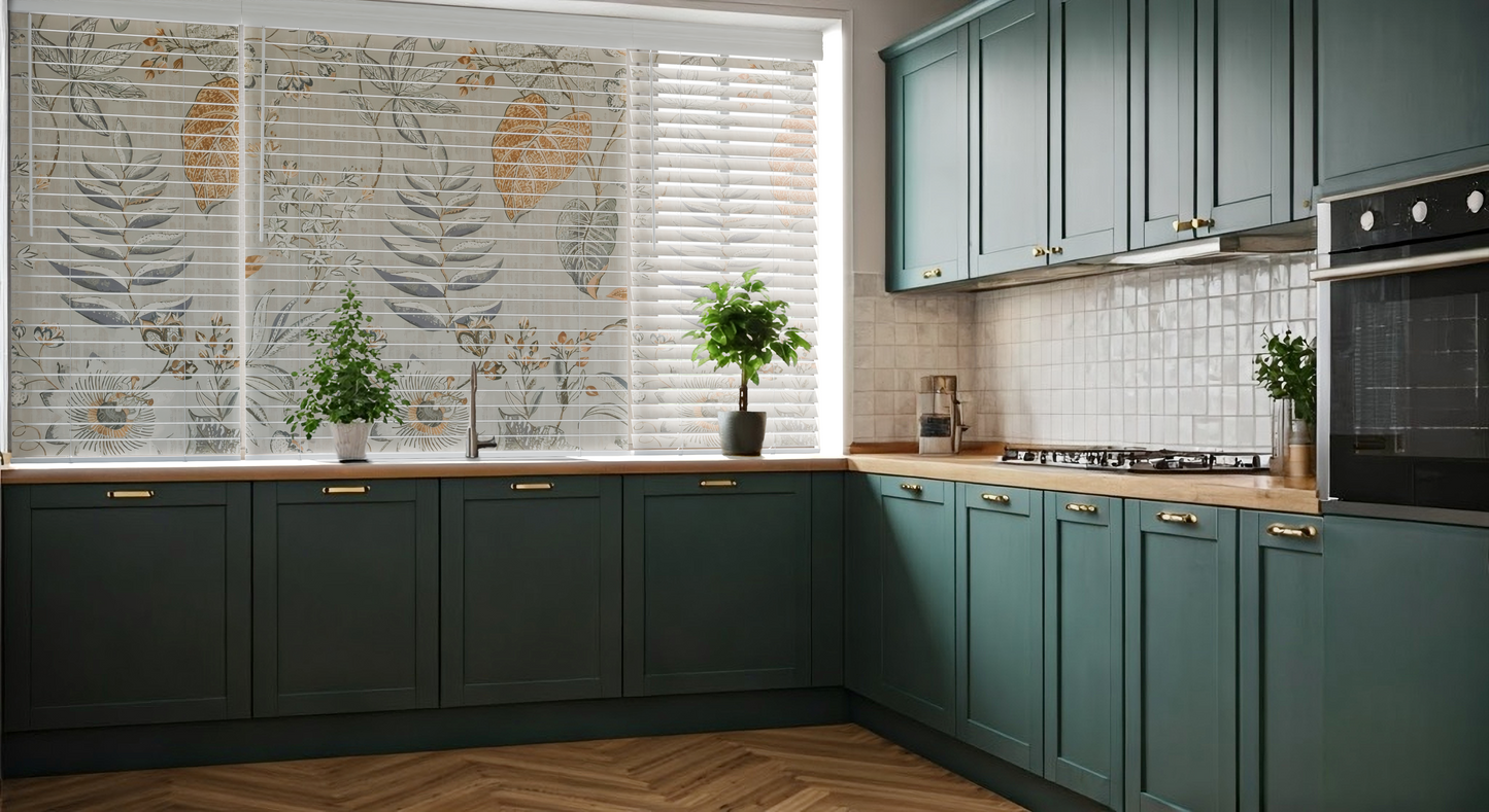 Insert-a-Blind installed in a green kitchen with peaceful design